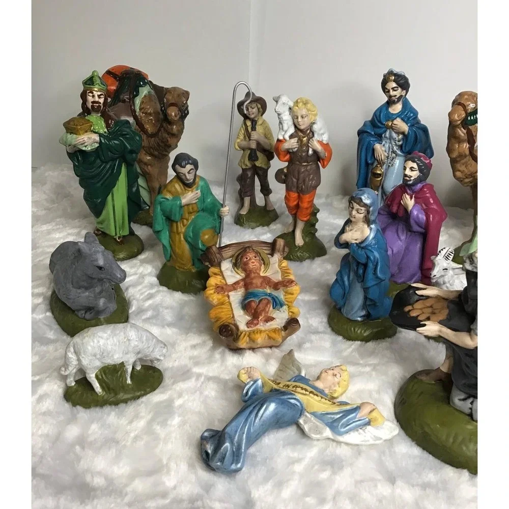 Vintage Christmas Nativity Set Atlantic Mold 17 Piece Ceramic 1970 Hand Painted‎